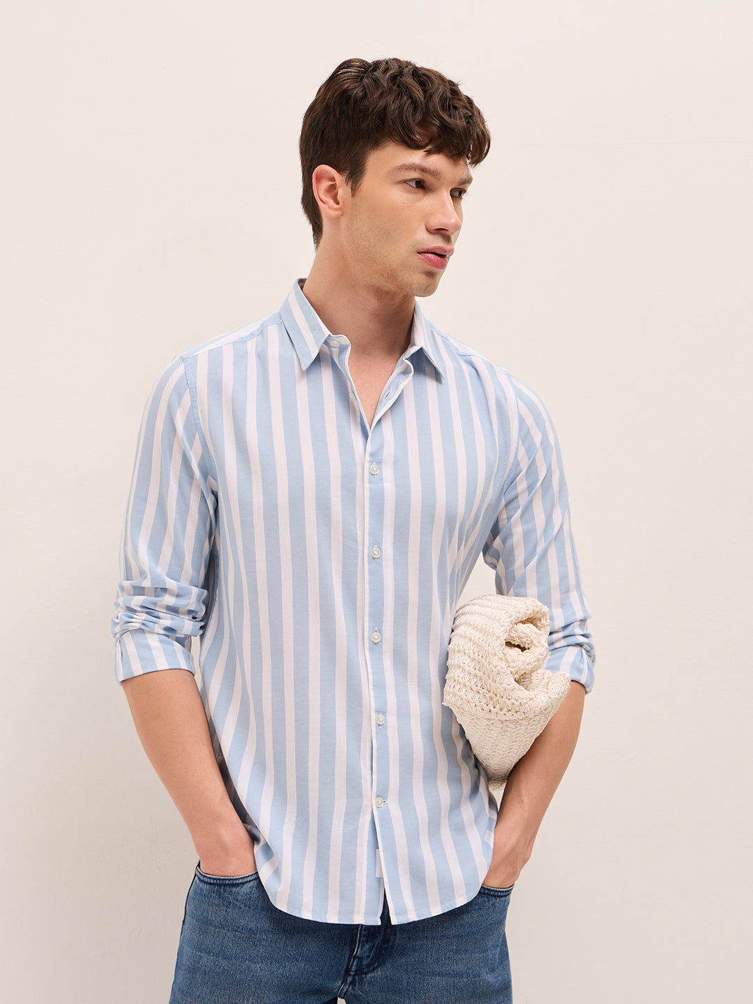 Blue & White Vertical Stripes Slim Fit Casual Shirt