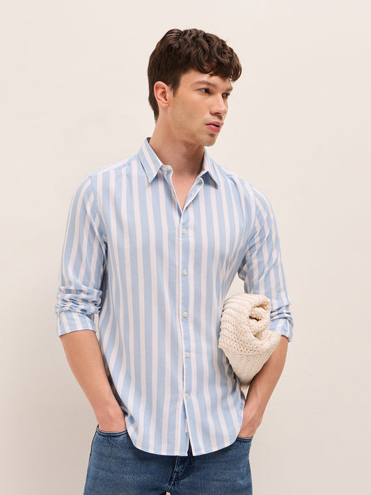 Blue & White Vertical Stripes Slim Fit Casual Shirt