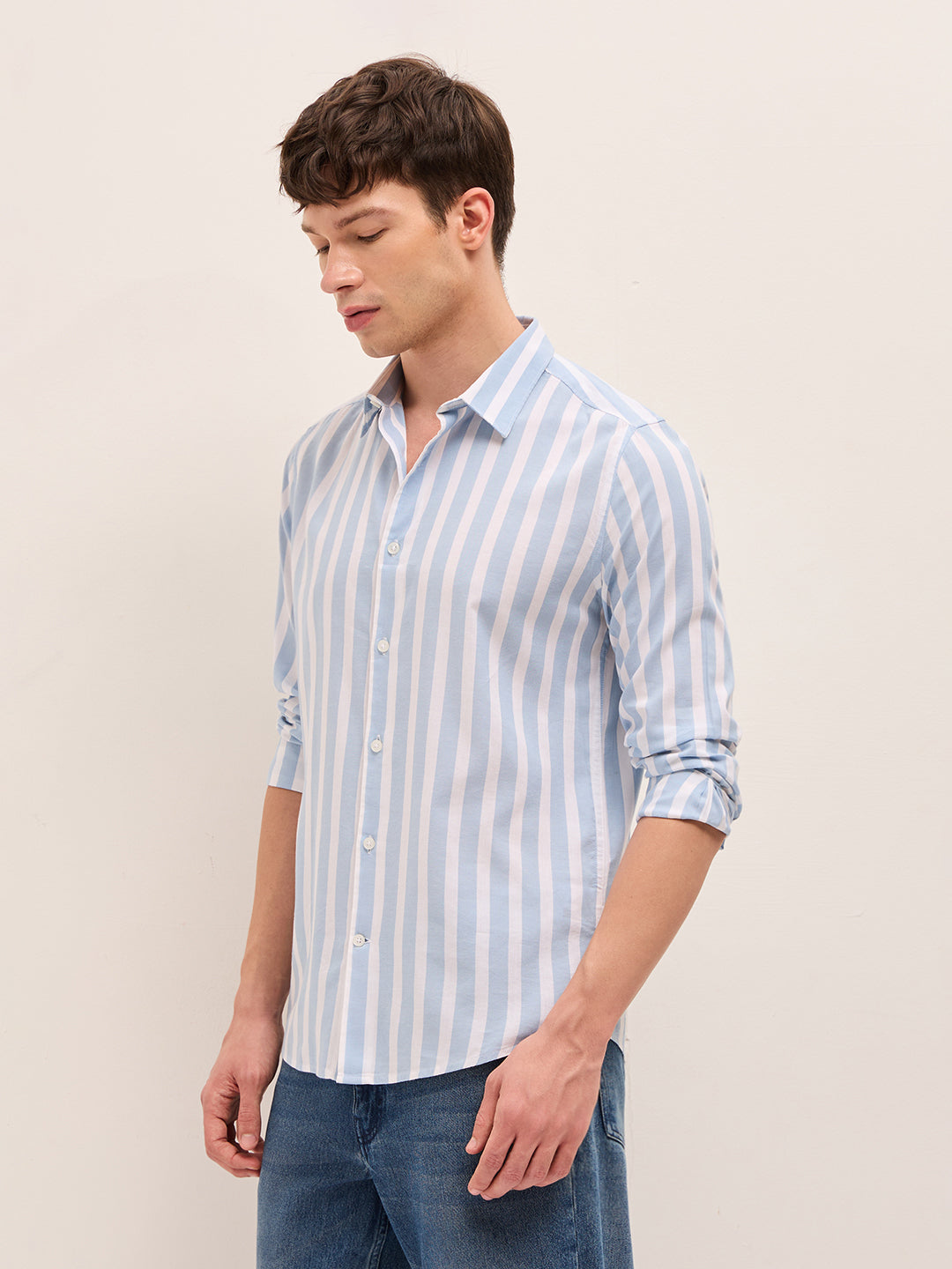 Blue & White Vertical Stripes Slim Fit Casual Shirt