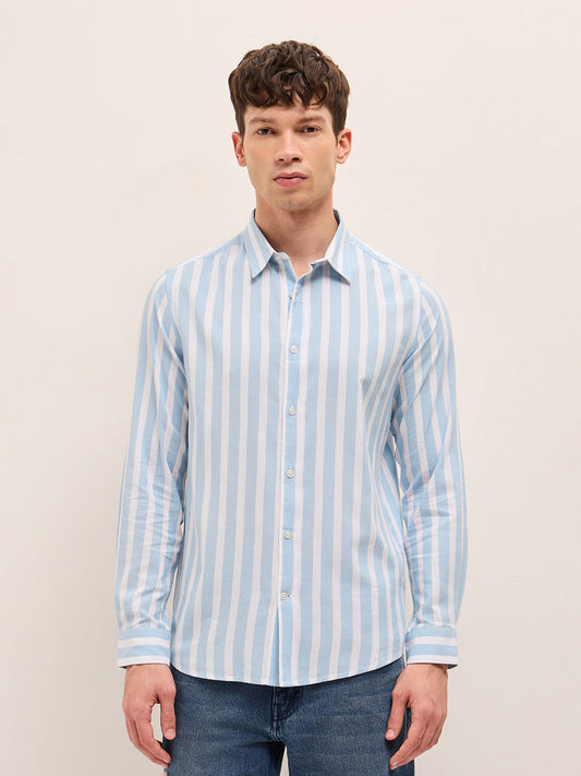 Blue & White Vertical Stripes Slim Fit Casual Shirt