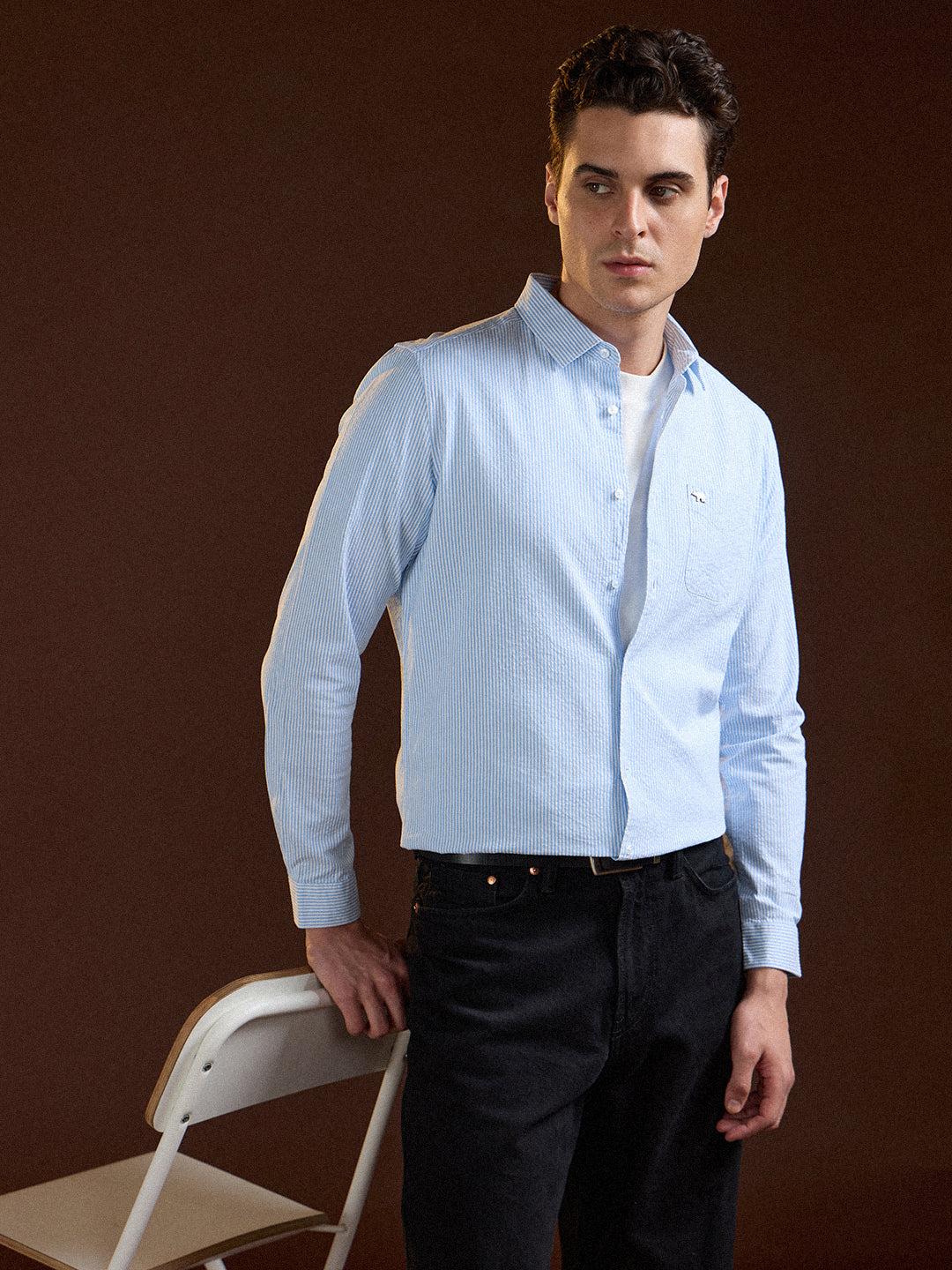 Light Blue Pin Vertical Stripes Slim Fit Casual Shirt