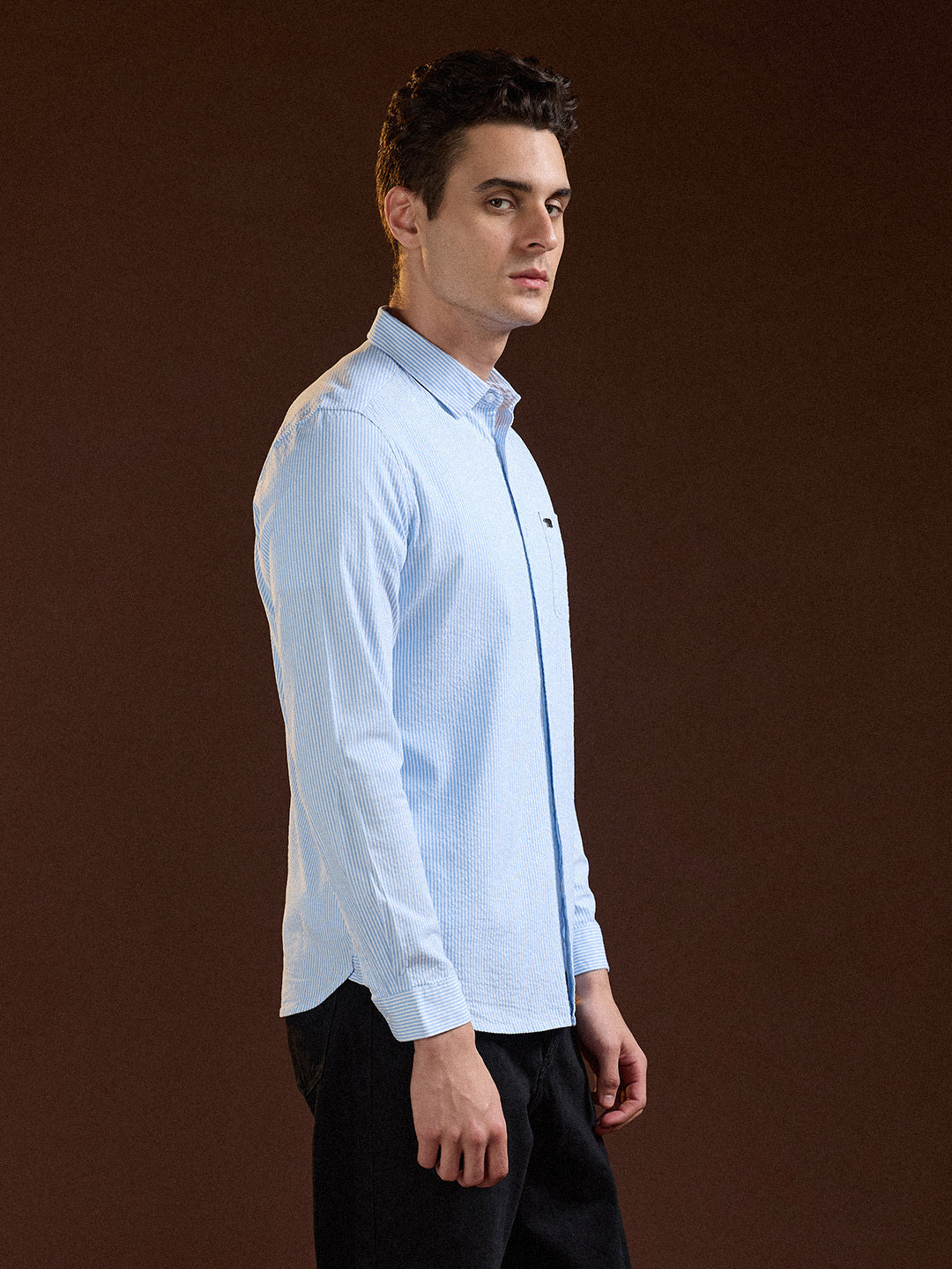 Light Blue Pin Vertical Stripes Slim Fit Casual Shirt