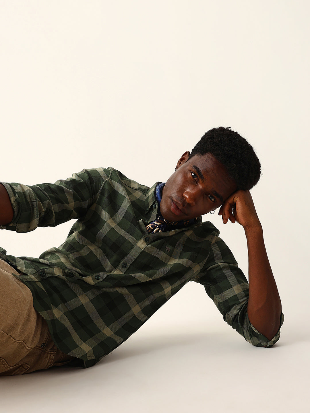 Olive & Dark Green Checked Slim Fit Casual Shirt