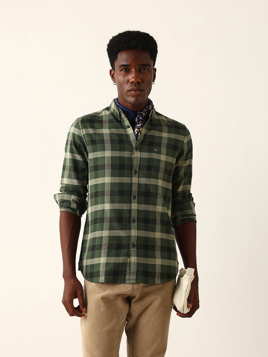 Olive & Dark Green Checked Slim Fit Casual Shirt