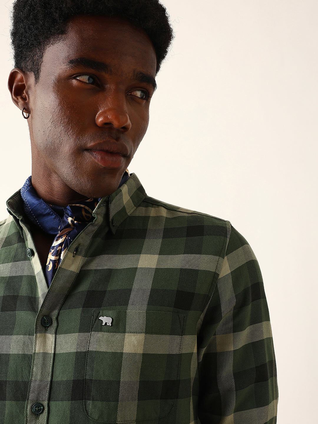 Olive & Dark Green Checked Slim Fit Casual Shirt