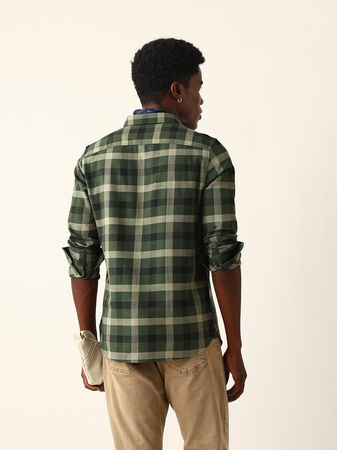 Olive & Dark Green Checked Slim Fit Casual Shirt
