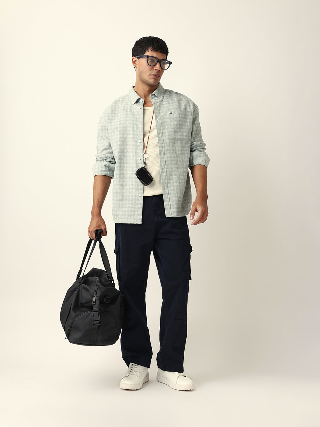 Green Woven Micro Check Textured Relax Fit Overshirt
