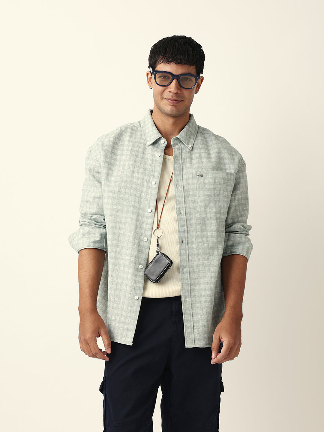 Green Woven Micro Check Textured Relax Fit Overshirt