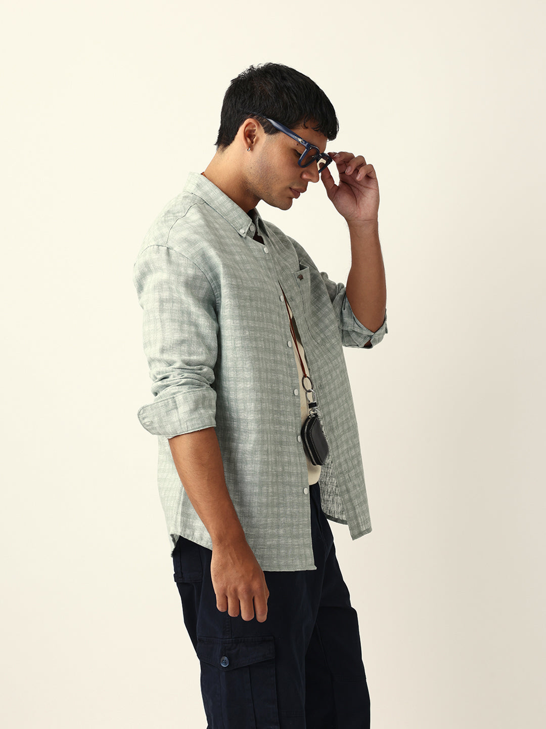 Green Woven Micro Check Textured Relax Fit Overshirt