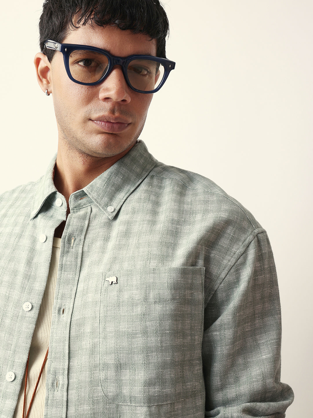 Green Woven Micro Check Textured Relax Fit Overshirt