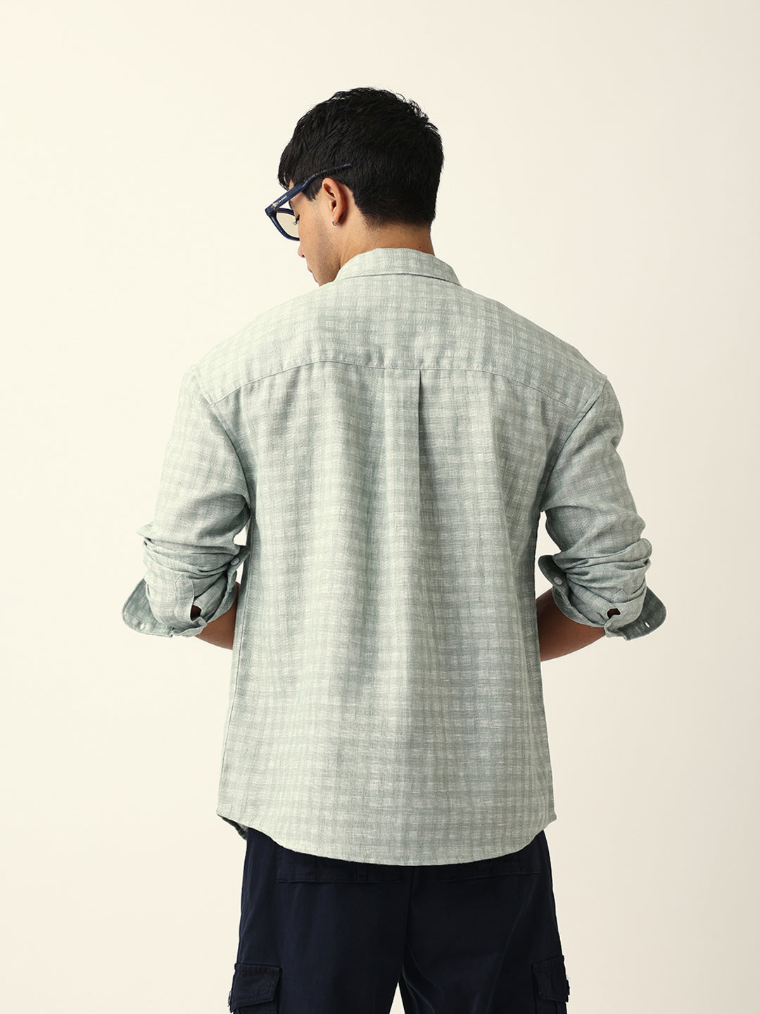 Green Woven Micro Check Textured Relax Fit Overshirt