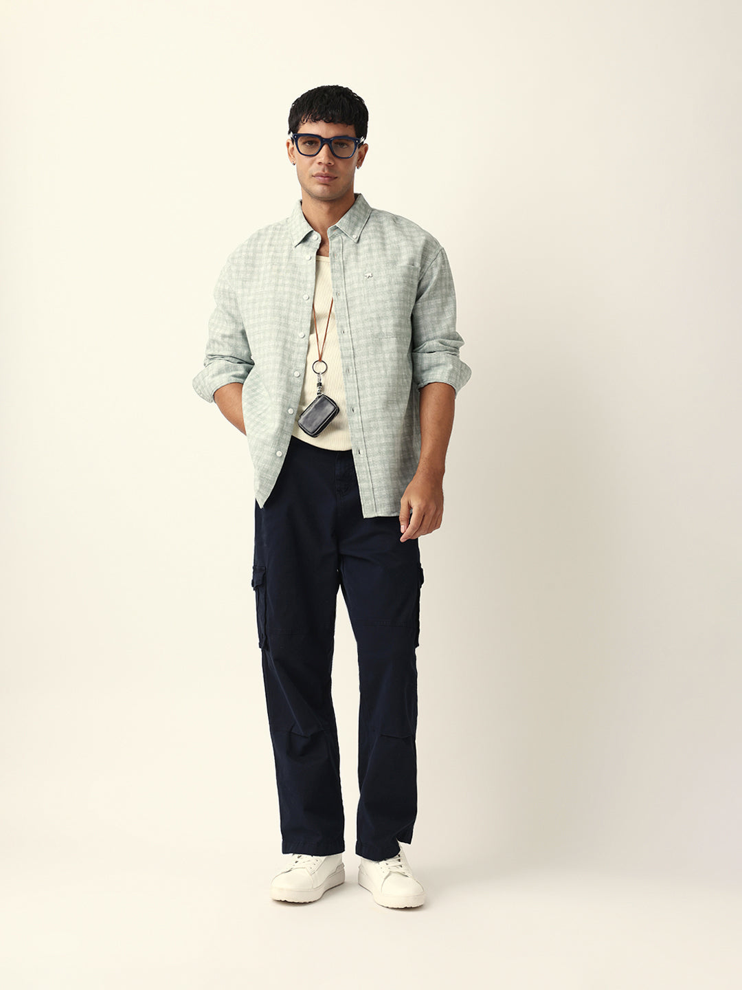 Green Woven Micro Check Textured Relax Fit Overshirt