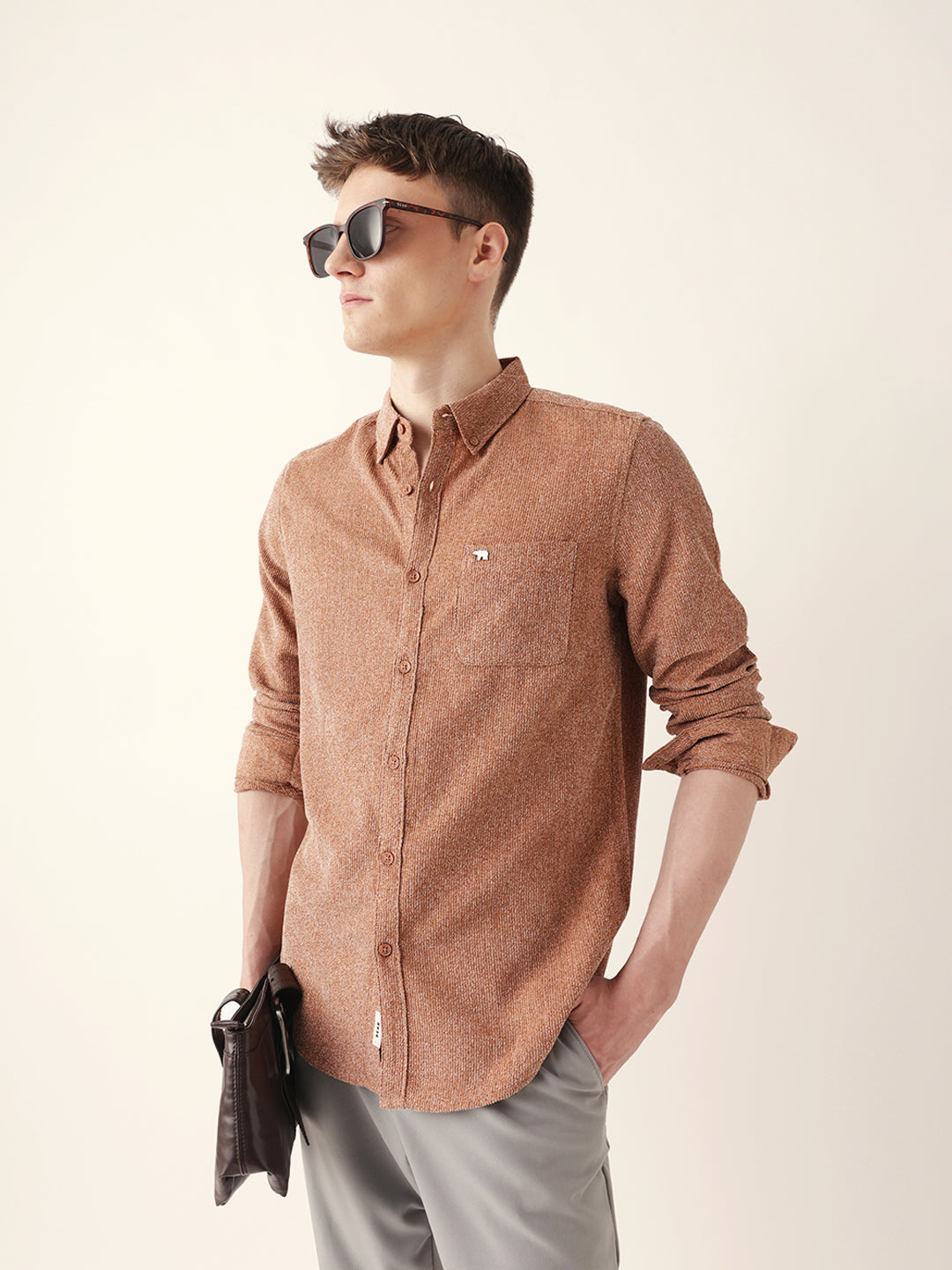 Rust Textured Woven Striped Slim Fit Casual Shirt