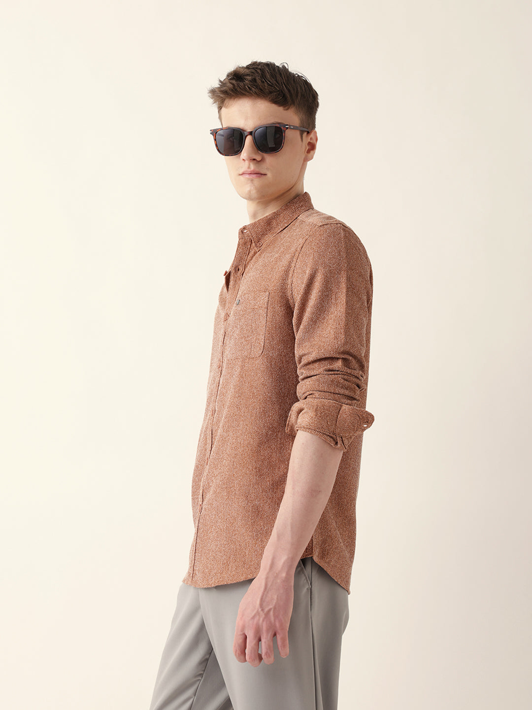 Rust Textured Woven Striped Slim Fit Casual Shirt