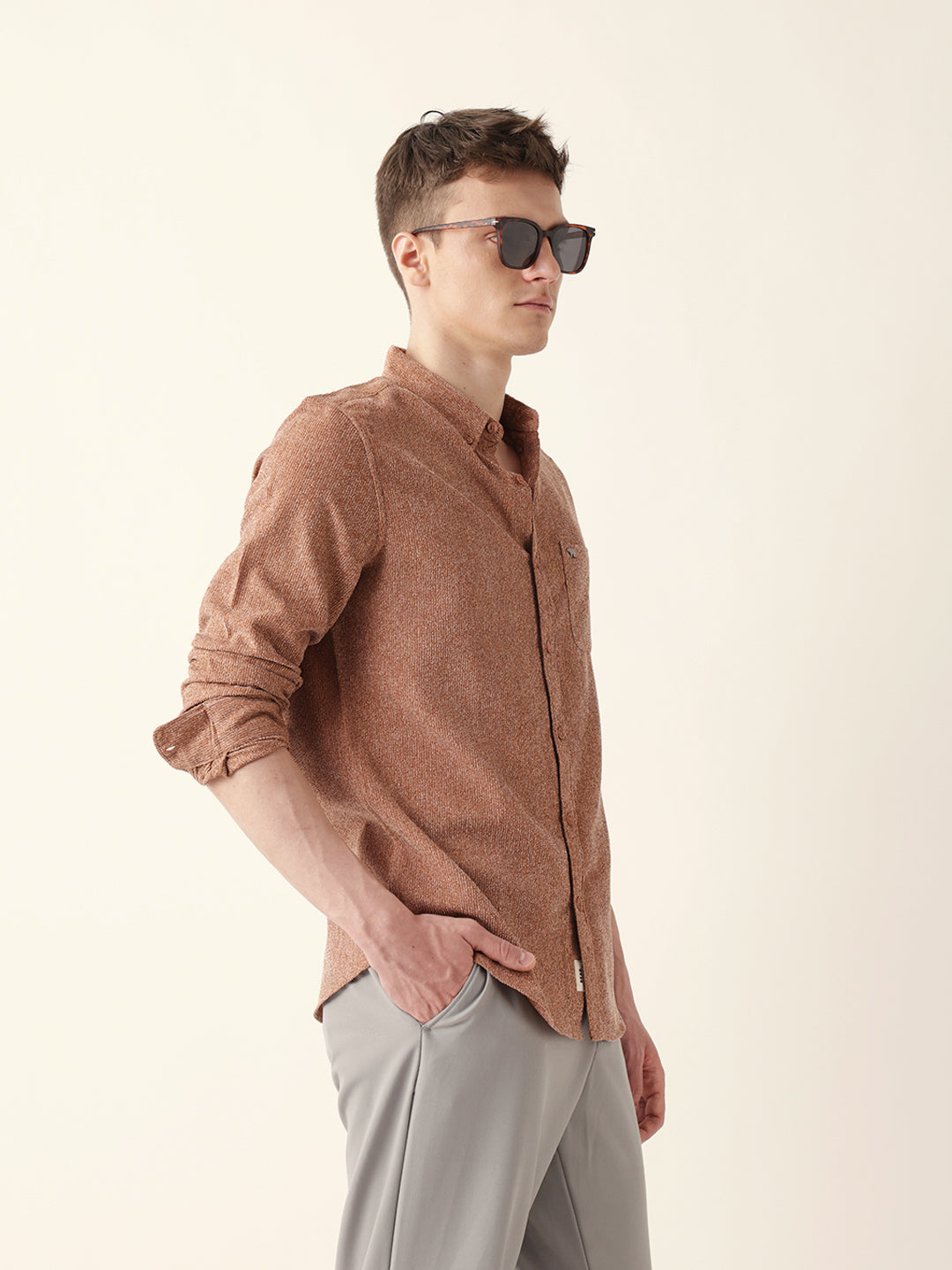 Rust Textured Woven Striped Slim Fit Casual Shirt