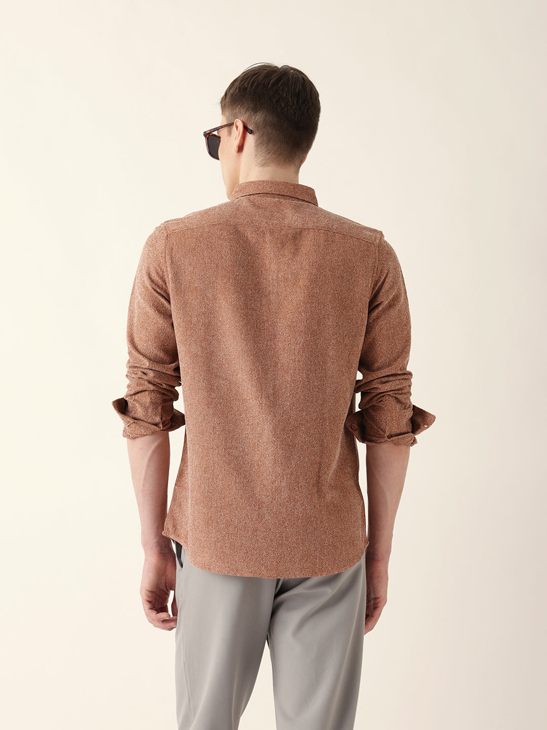Rust Textured Woven Striped Slim Fit Casual Shirt