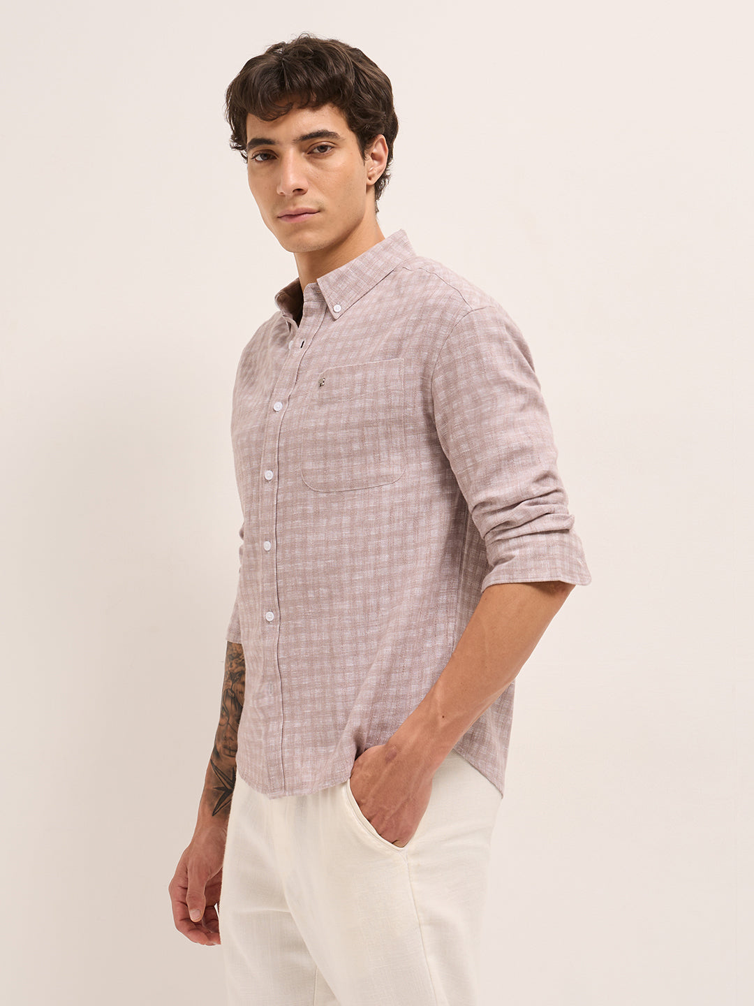 Light Brown Woven Checks Relaxed Fit Casual Shirt