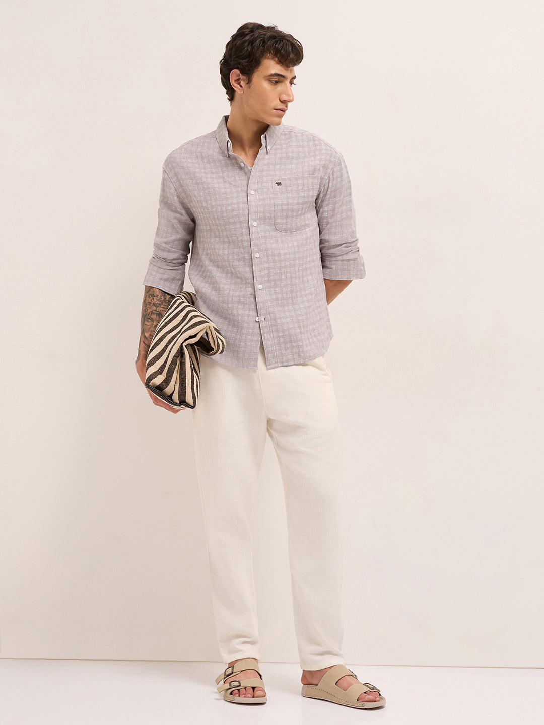 Light Brown Woven Checks Relaxed Fit Casual Shirt