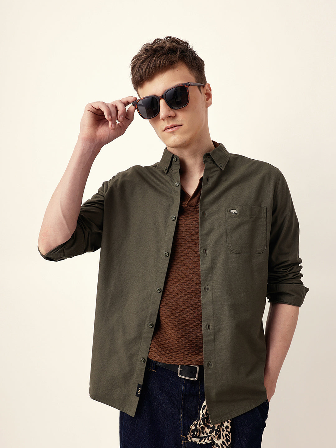 Olive Solid Cotton Slim Fit Casual Shirt with Button-Down Collar
