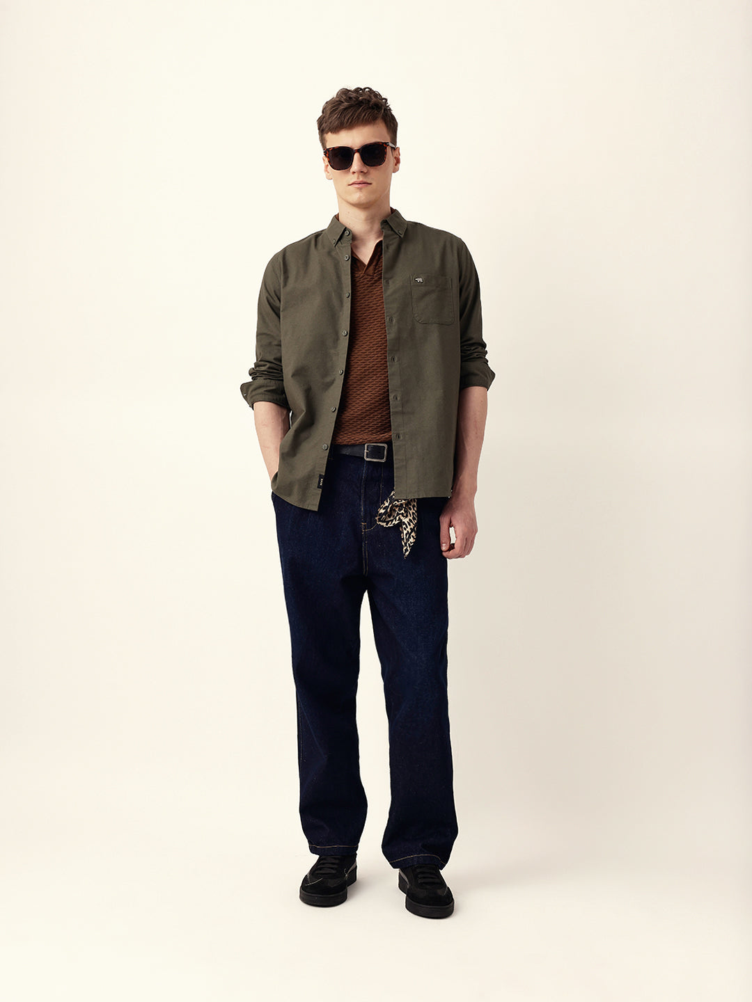 Olive Solid Cotton Slim Fit Casual Shirt with Button-Down Collar