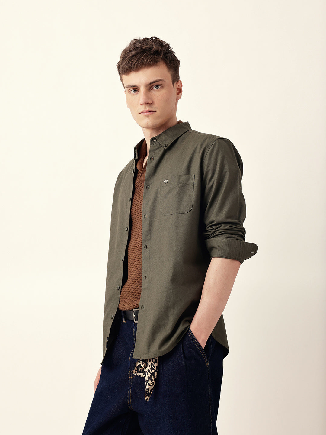 Olive Solid Cotton Slim Fit Casual Shirt with Button-Down Collar