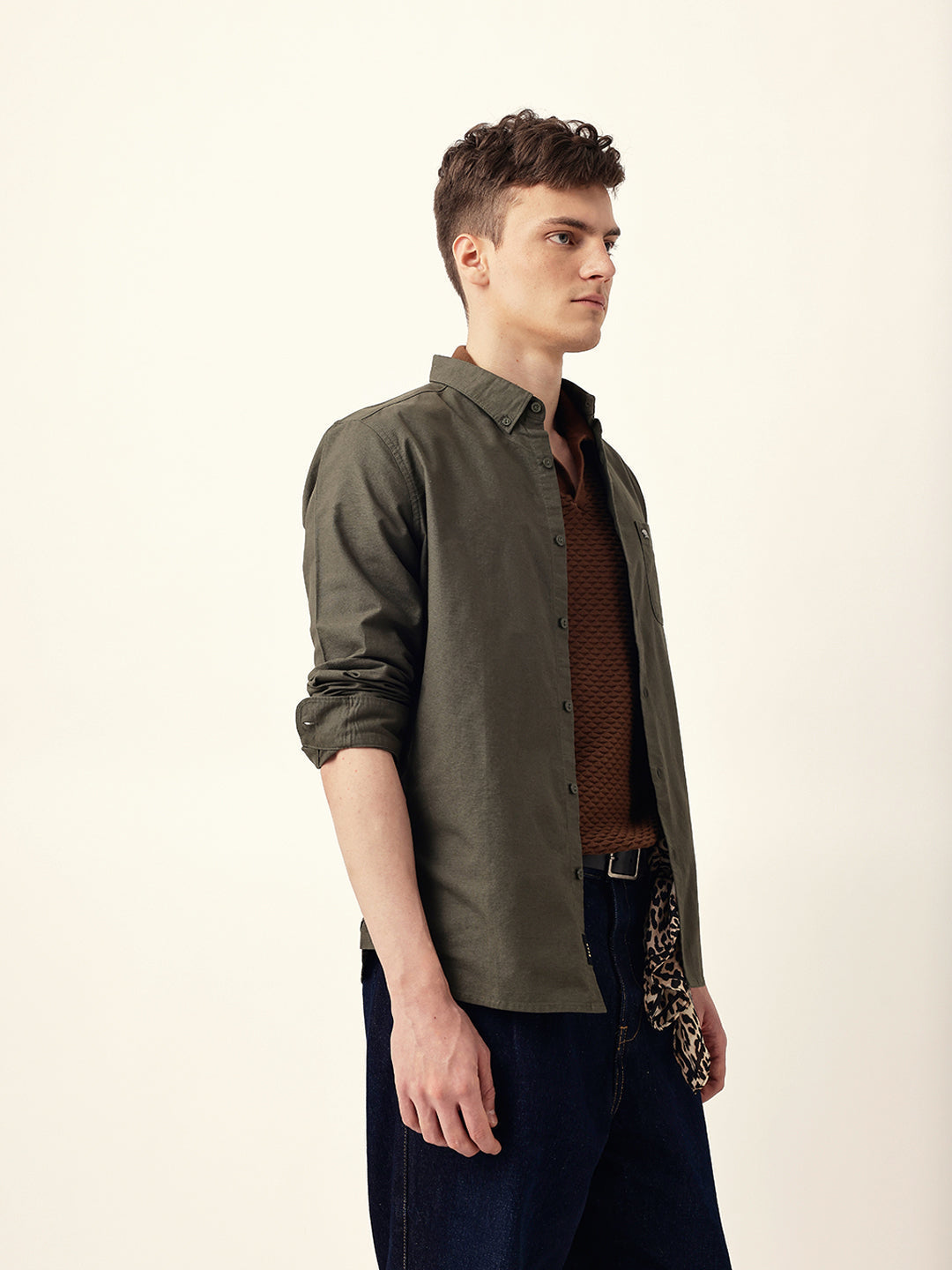 Olive Solid Cotton Slim Fit Casual Shirt with Button-Down Collar