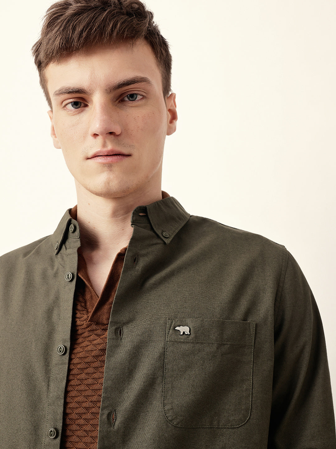 Olive Solid Cotton Slim Fit Casual Shirt with Button-Down Collar