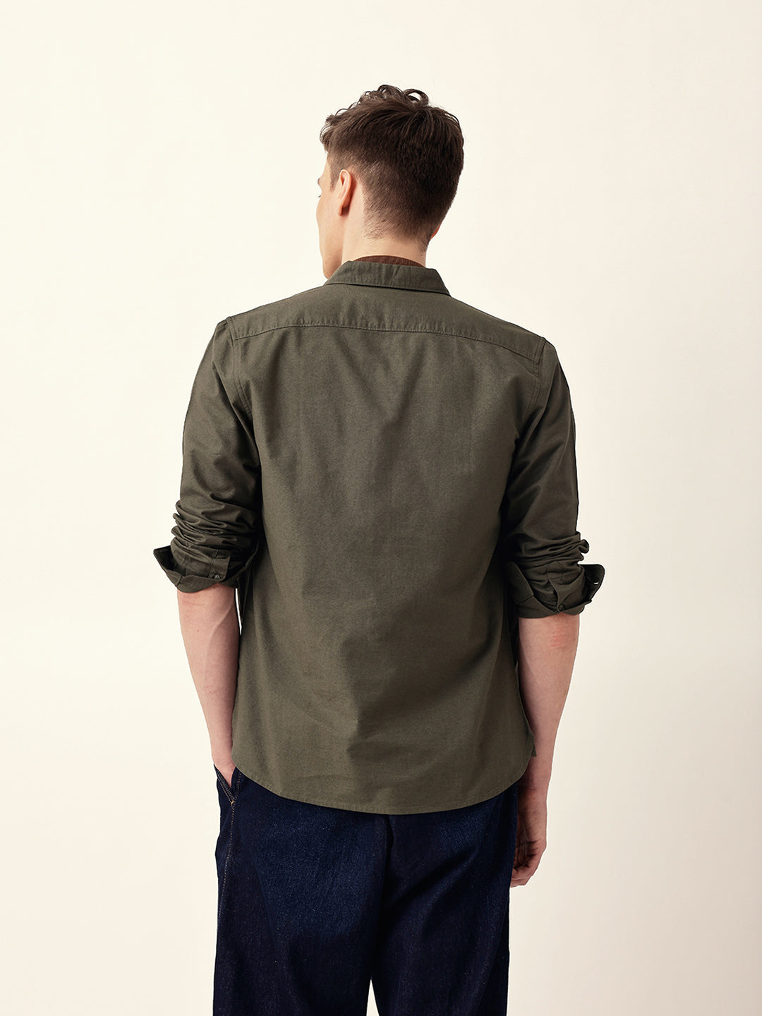 Olive Solid Cotton Slim Fit Casual Shirt with Button-Down Collar