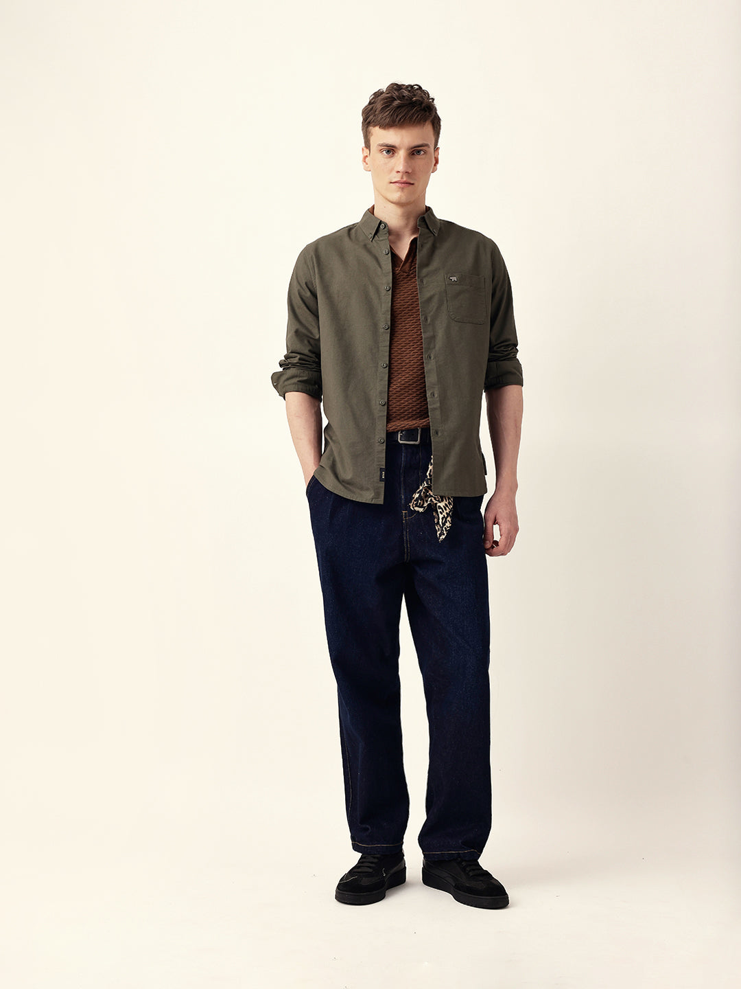 Olive Solid Cotton Slim Fit Casual Shirt with Button-Down Collar
