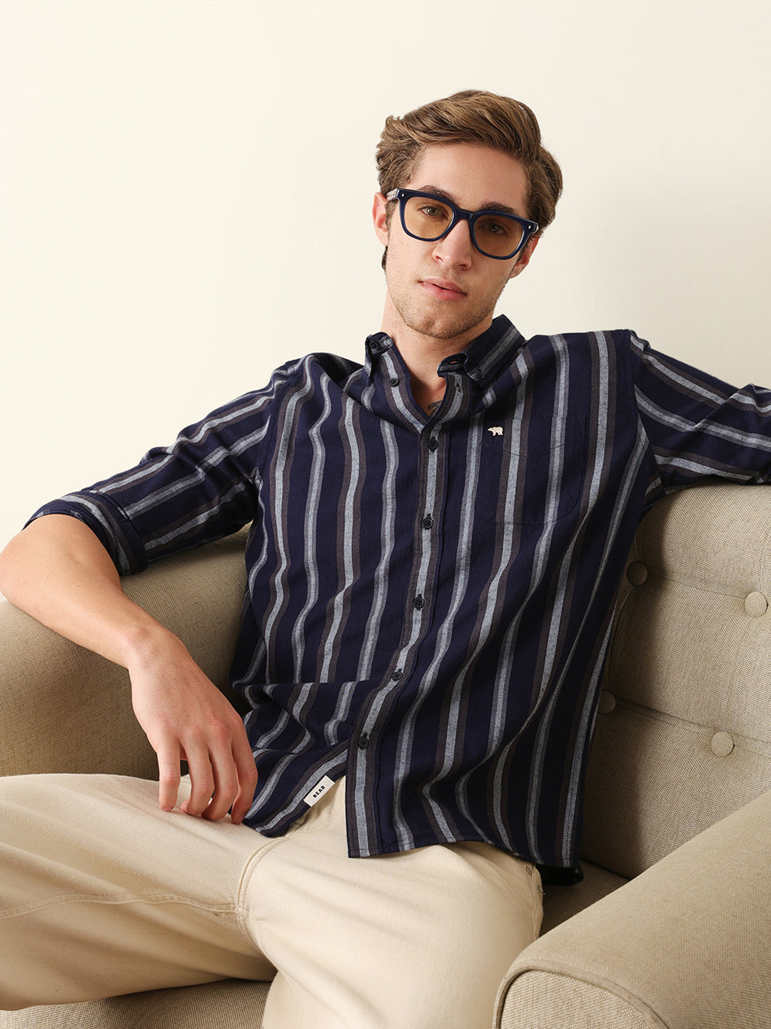 Navy & Grey Vertical Stripes Slim Fit Casual Shirt