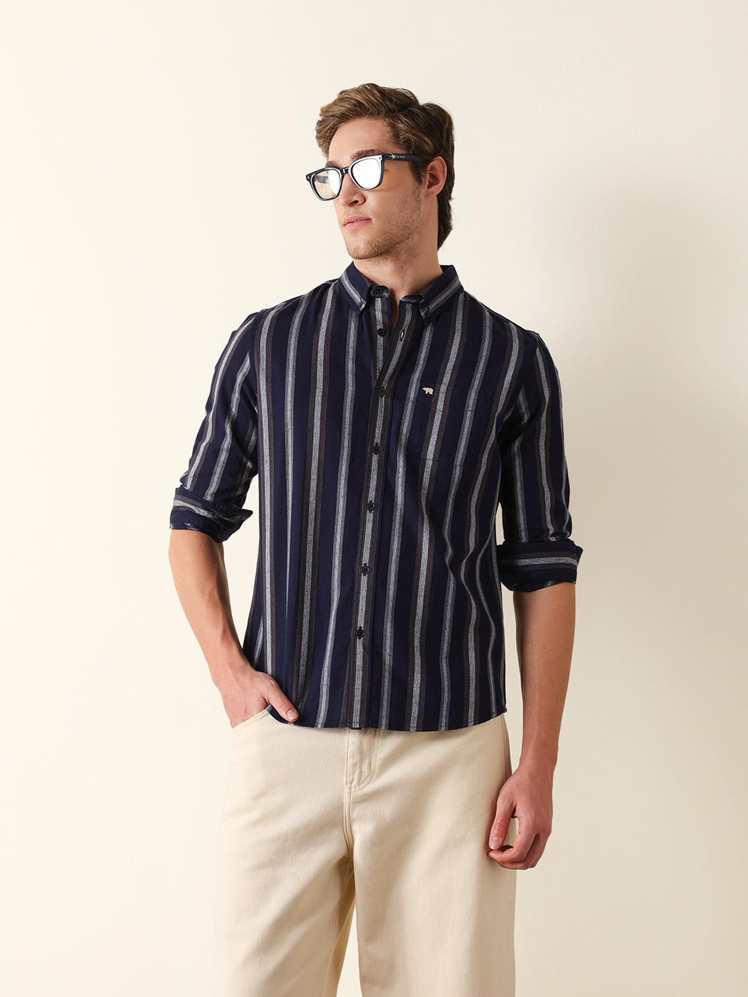 Navy & Grey Vertical Stripes Slim Fit Casual Shirt