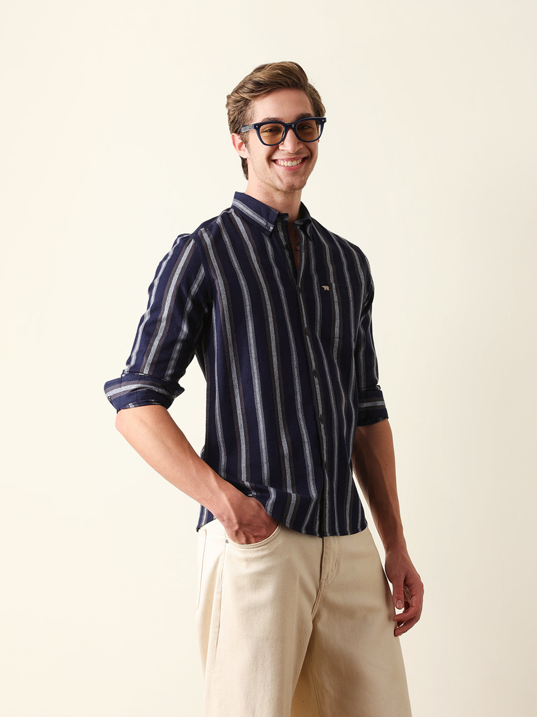 Navy & Grey Vertical Stripes Slim Fit Casual Shirt