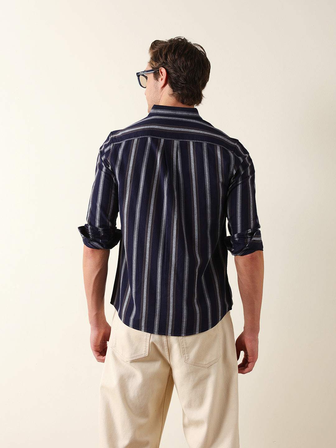 Navy & Grey Vertical Stripes Slim Fit Casual Shirt