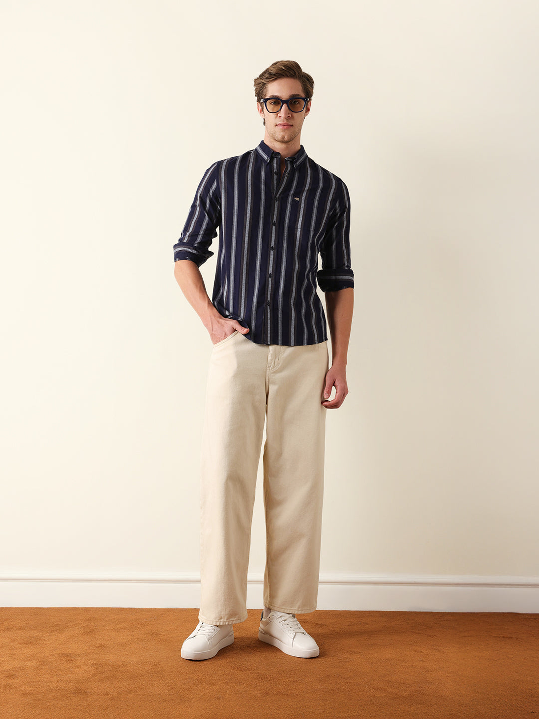 Navy & Grey Vertical Stripes Slim Fit Casual Shirt