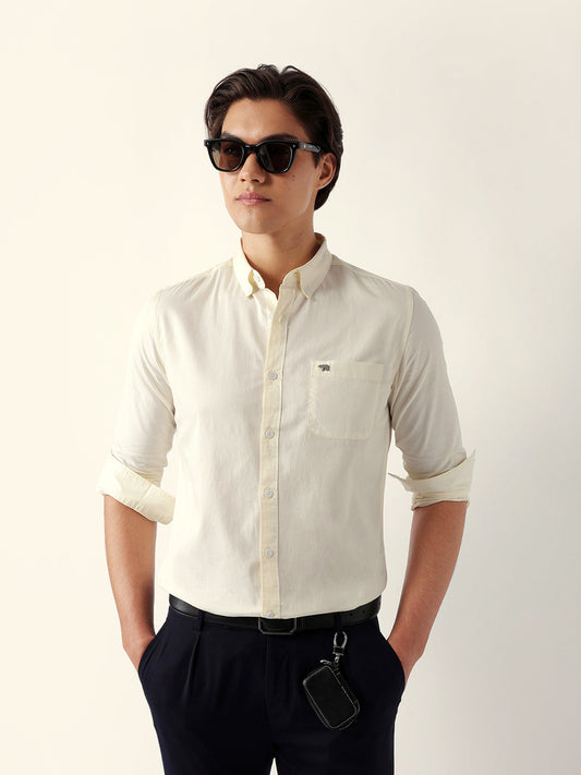 Cream Solid Slim Fit Cotton Casual Shirt