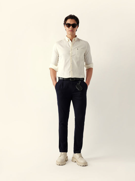 Cream Solid Slim Fit Cotton Casual Shirt