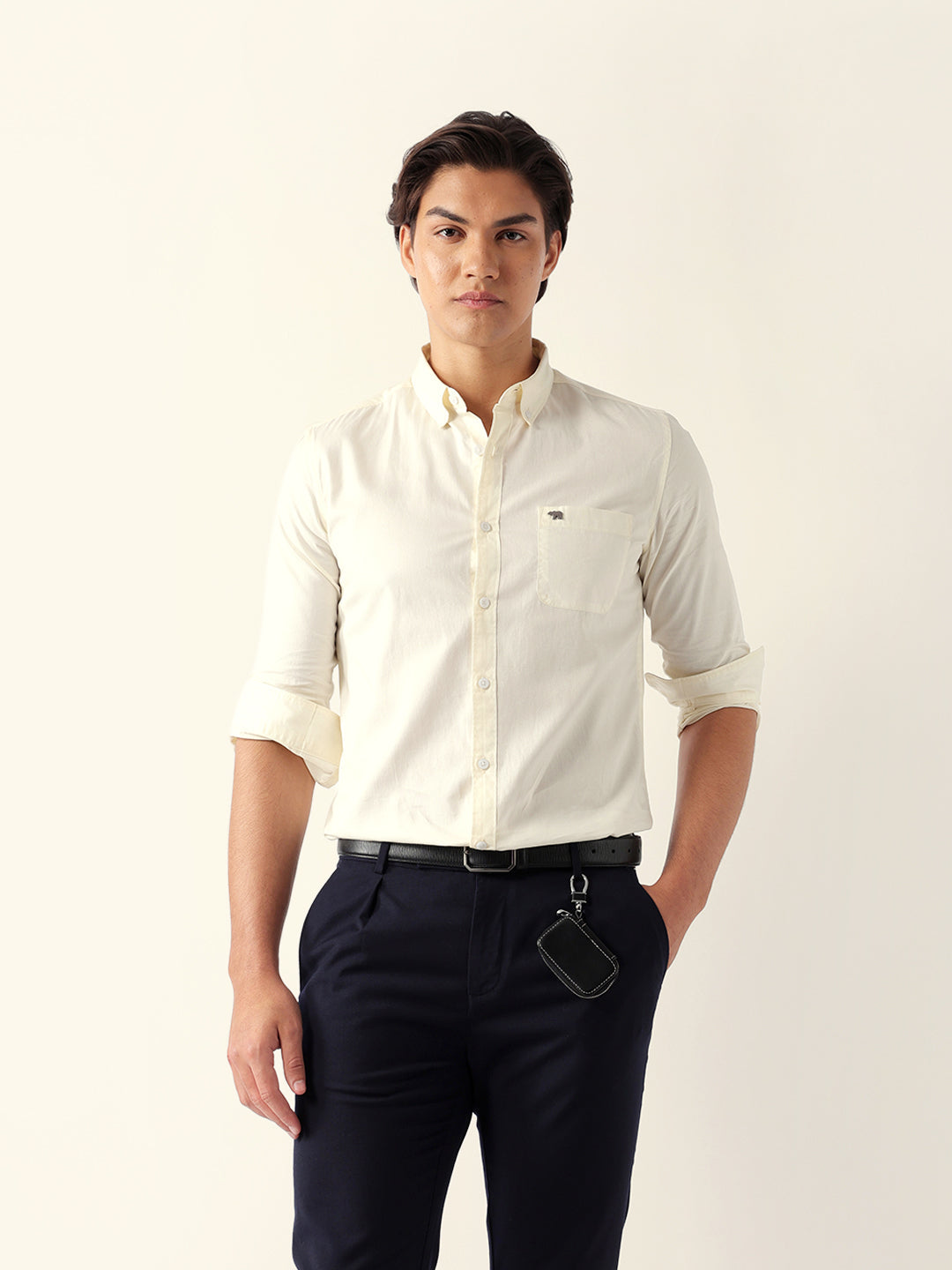 Cream Solid Slim Fit Cotton Casual Shirt