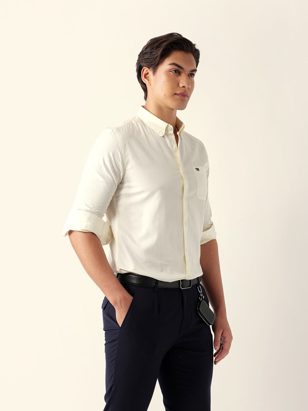 Cream Solid Slim Fit Cotton Casual Shirt