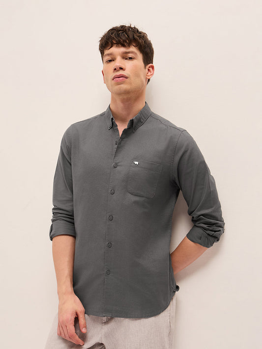 Grey Solid Cotton Slim Fit Casual Shirt with Button-Down Collar