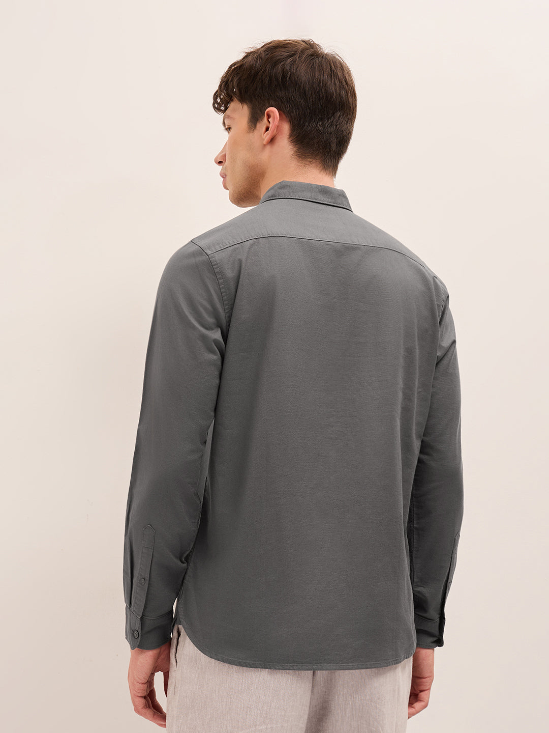 Grey Solid Cotton Slim Fit Casual Shirt with Button-Down Collar