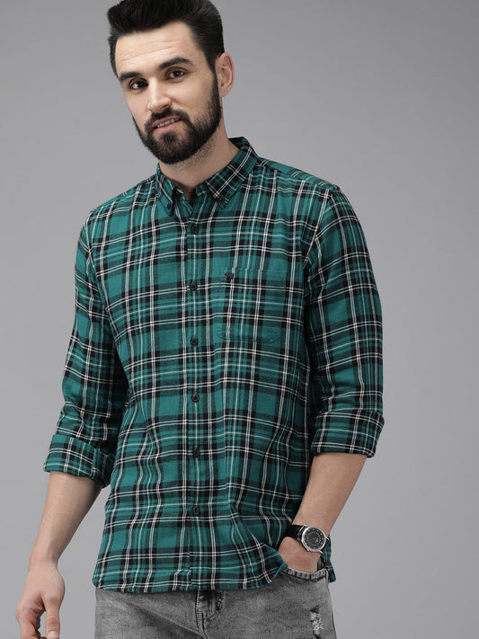 Men Green & Black Slim Fit Checked Flannel Cotton Casual Shirt