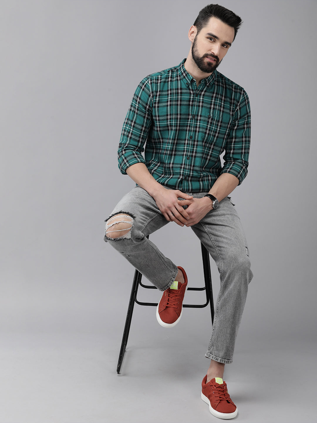 Men Green & Black Slim Fit Checked Flannel Cotton Casual Shirt