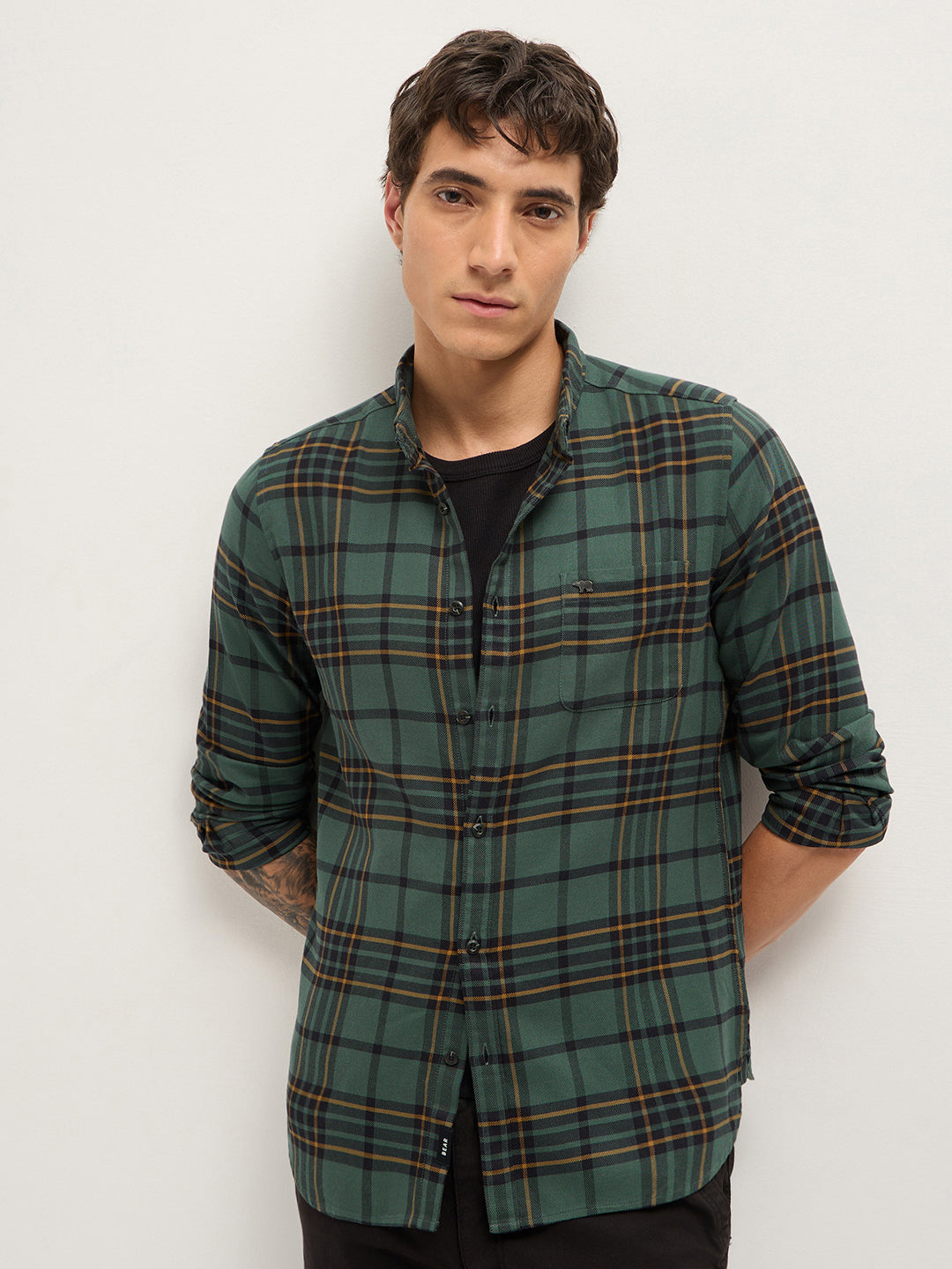 Green Checked Slim Fit Casual Shirt with Button-Down Collar