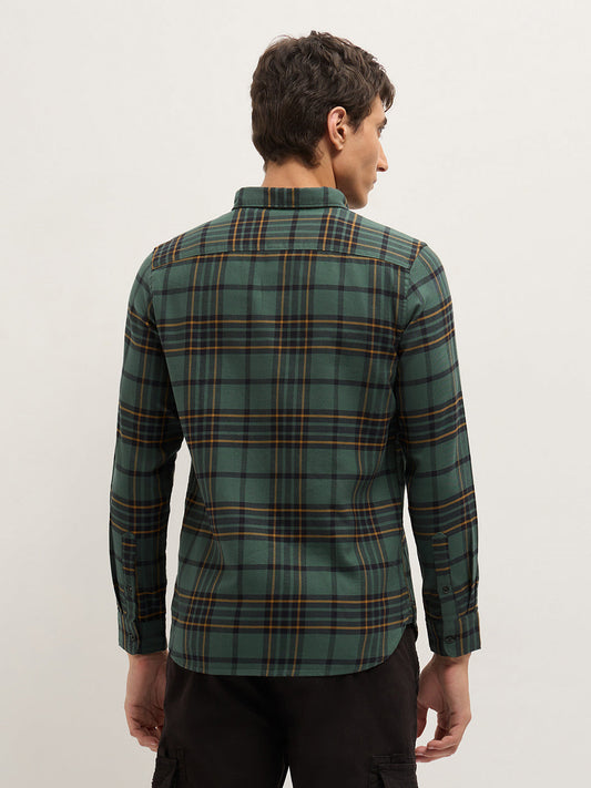Green Checked Slim Fit Casual Shirt with Button-Down Collar