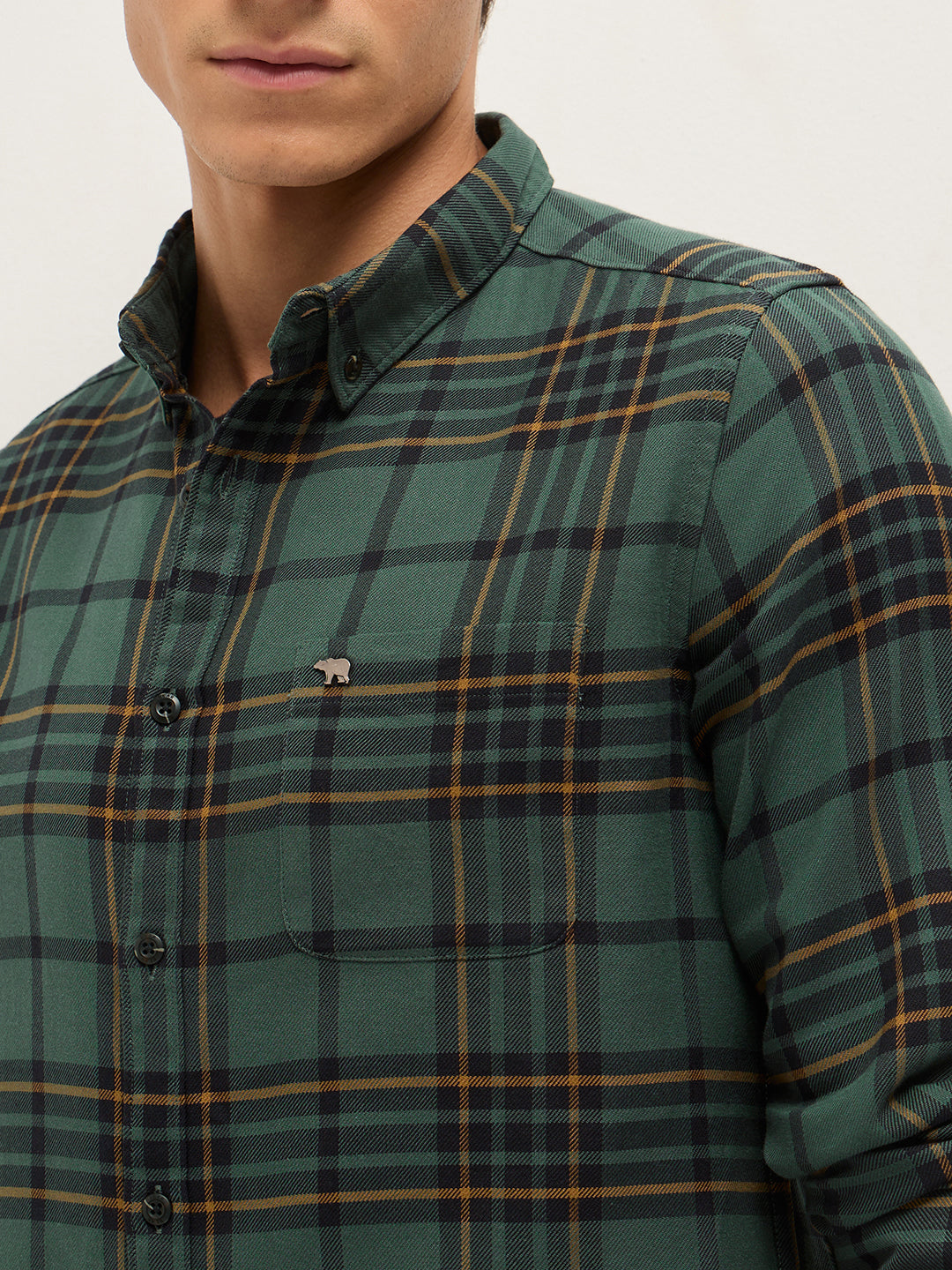 Green Checked Slim Fit Casual Shirt with Button-Down Collar