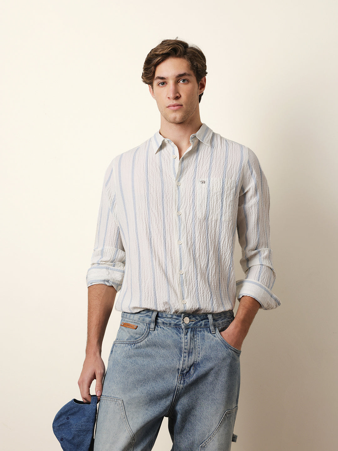 White with Blue Vertical Textured Stripe Regular Fit Casual Shirt
