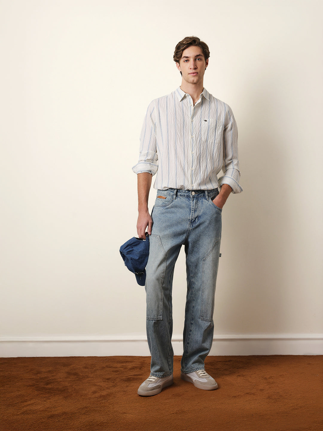 White with Blue Vertical Textured Stripe Regular Fit Casual Shirt