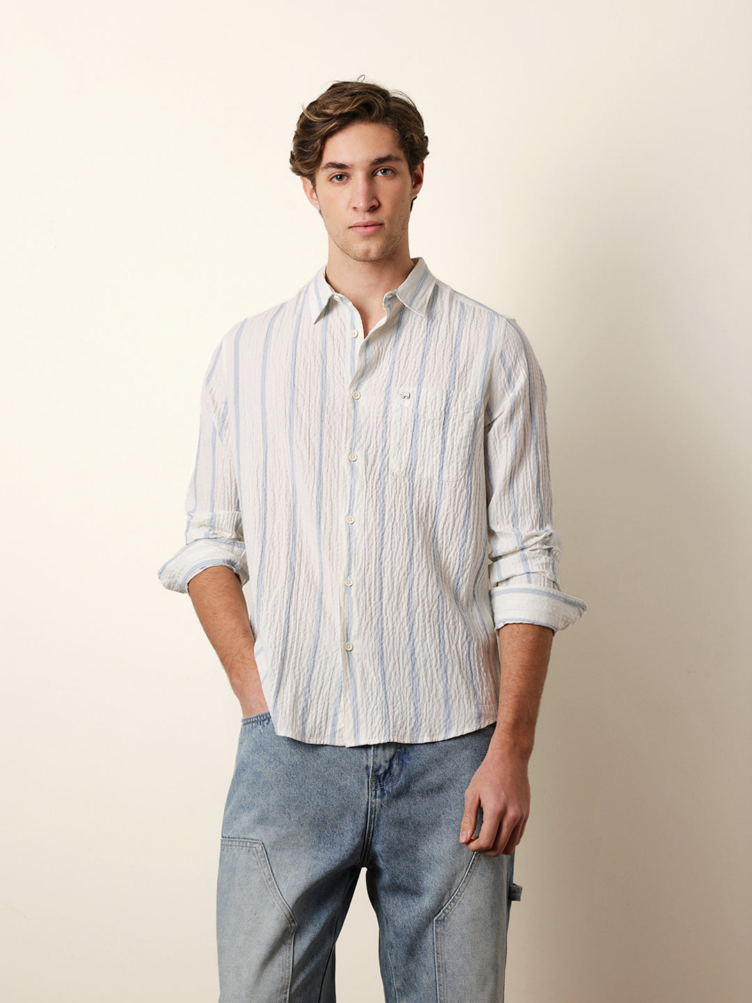 White with Blue Vertical Textured Stripe Regular Fit Casual Shirt
