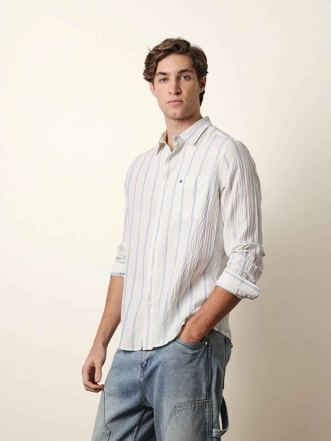 White with Blue Vertical Textured Stripe Regular Fit Casual Shirt