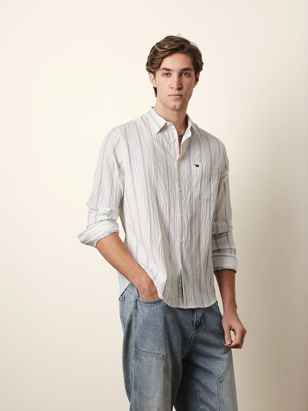 White with Blue Vertical Textured Stripe Regular Fit Casual Shirt